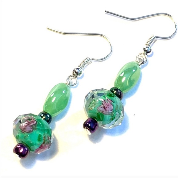 Green Floral Lampworks Earrings - Picture 3 of 5